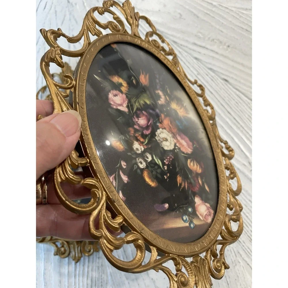 Pair (2) ‎ Vtg Italian Floral Print Ornate Brass Frame Convex Bubble Glass Italy